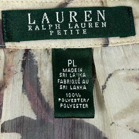 LRL Ralph Lauren Georgette Split Neck Tunic Petite L Tan Floral Sheer Fairy Boho - Picture 14 of 15
